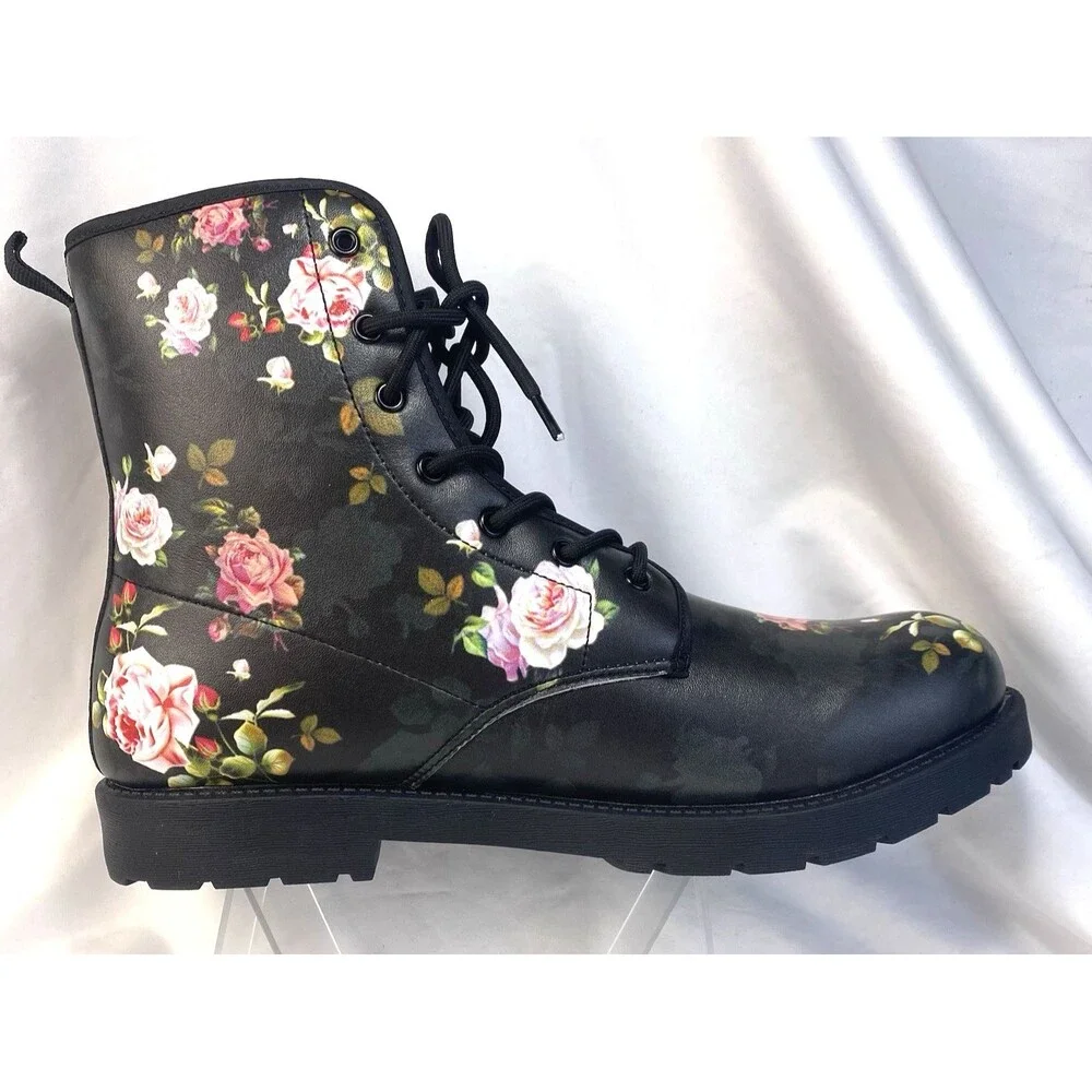 Unbranded Men's US 12 EU 46 Black Floral Design Ankle Combat Boots Lace-Up New